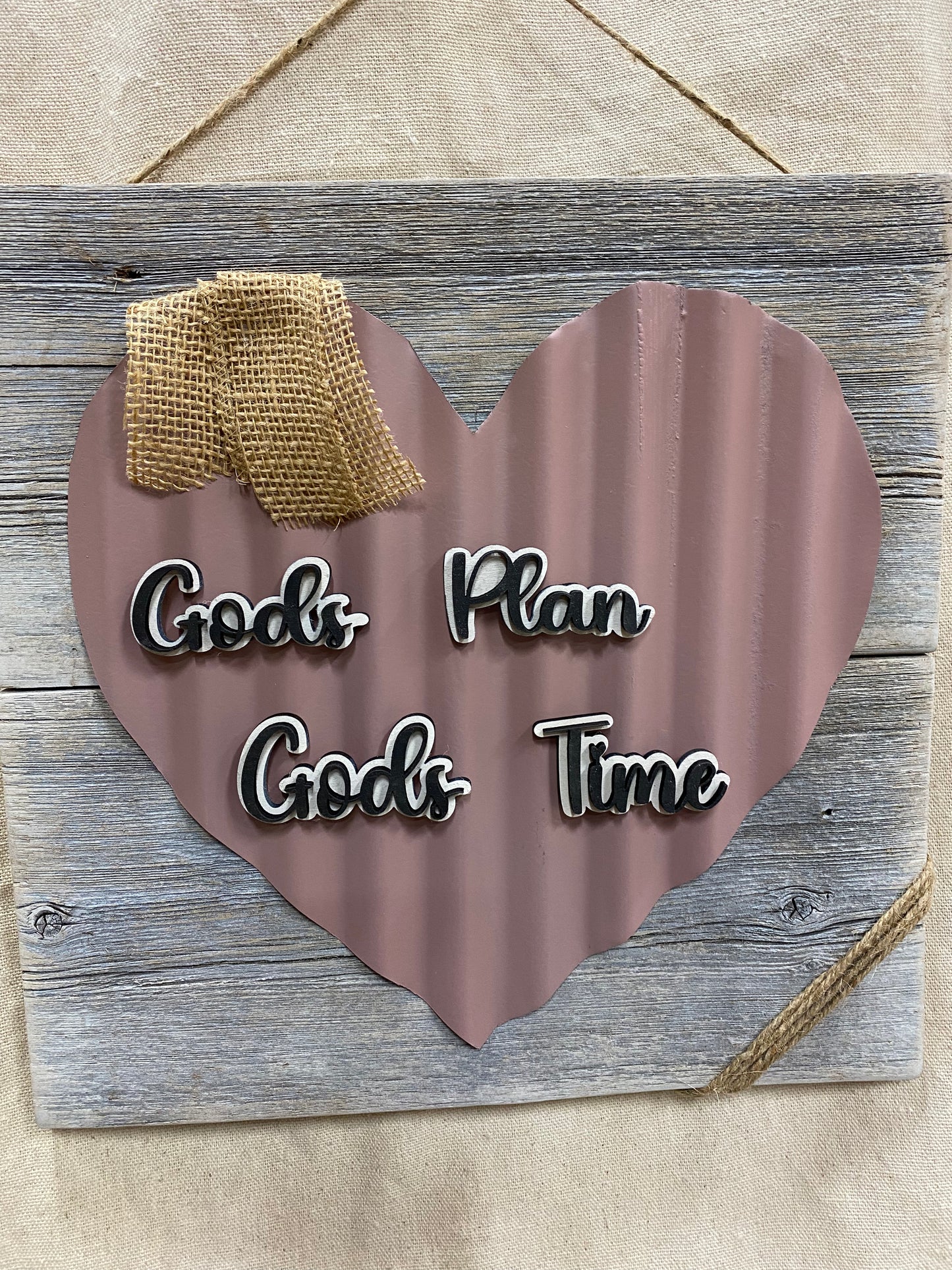 Gods Plan Gods Time Vintage Blush Heart Sign 15”