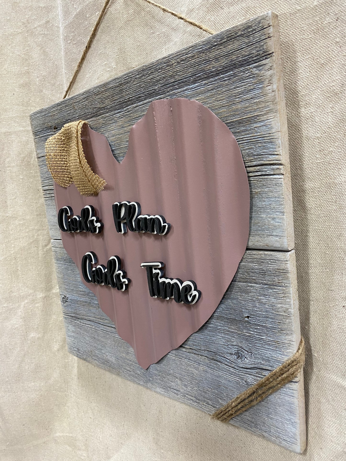 Gods Plan Gods Time Vintage Blush Heart Sign 15”