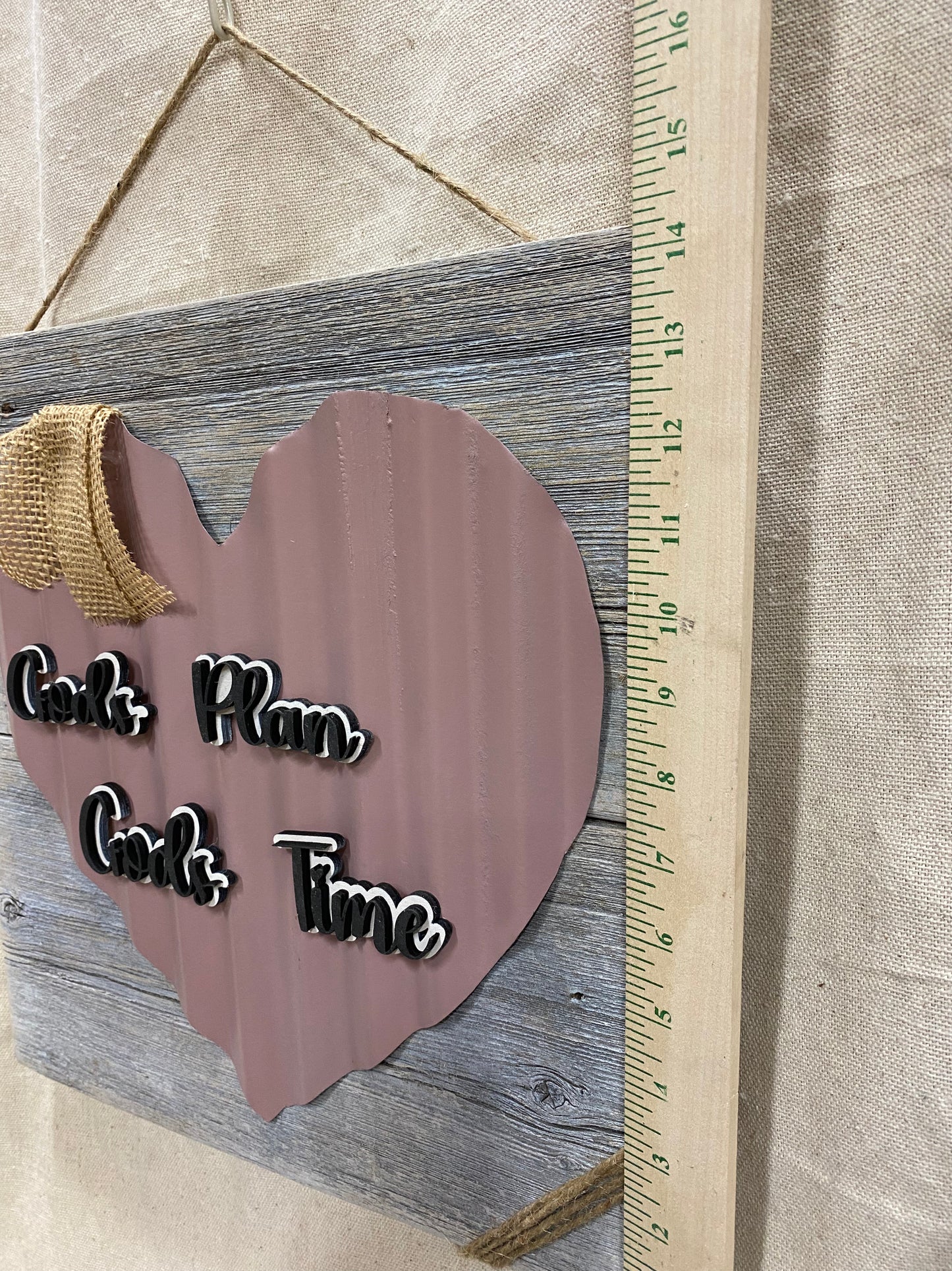 Gods Plan Gods Time Vintage Blush Heart Sign 15”