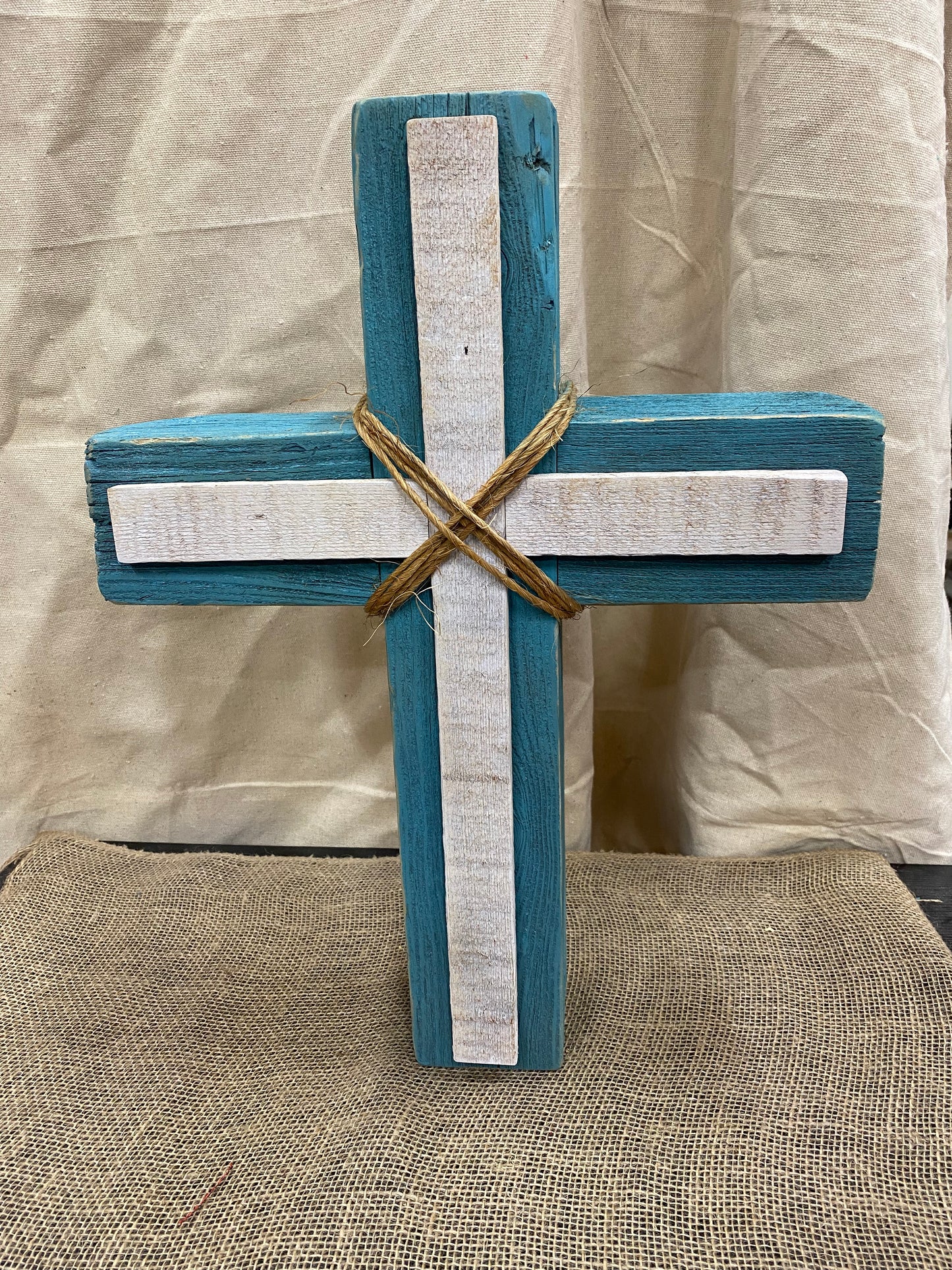 20” Rustic Vintage Teal and White Cross (Table, Floor, or Shelf)