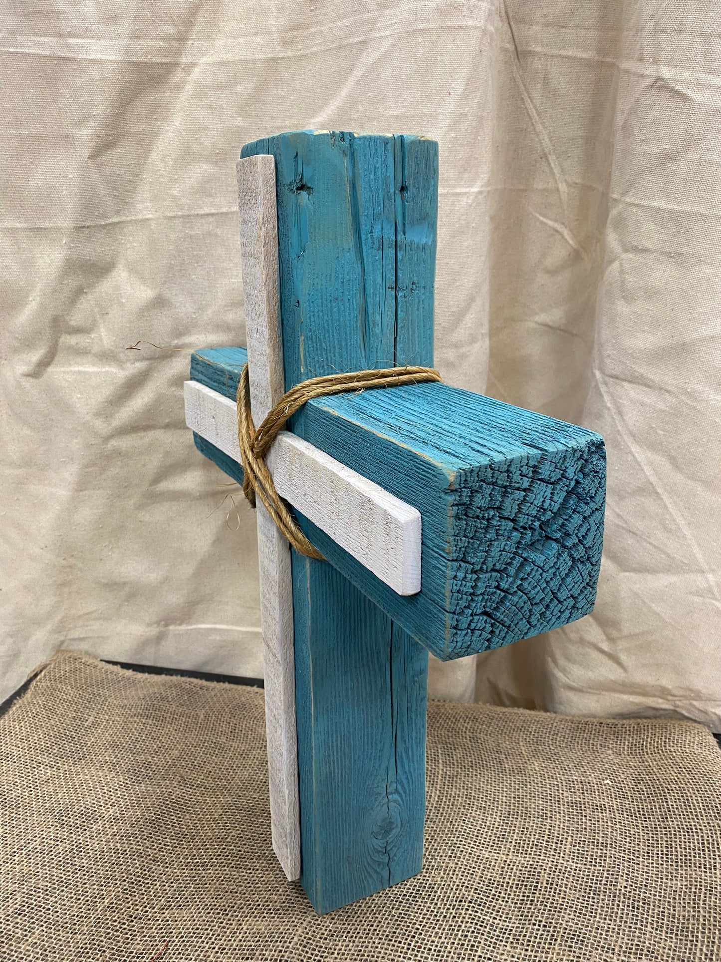 20” Rustic Vintage Teal and White Cross (Table, Floor, or Shelf)