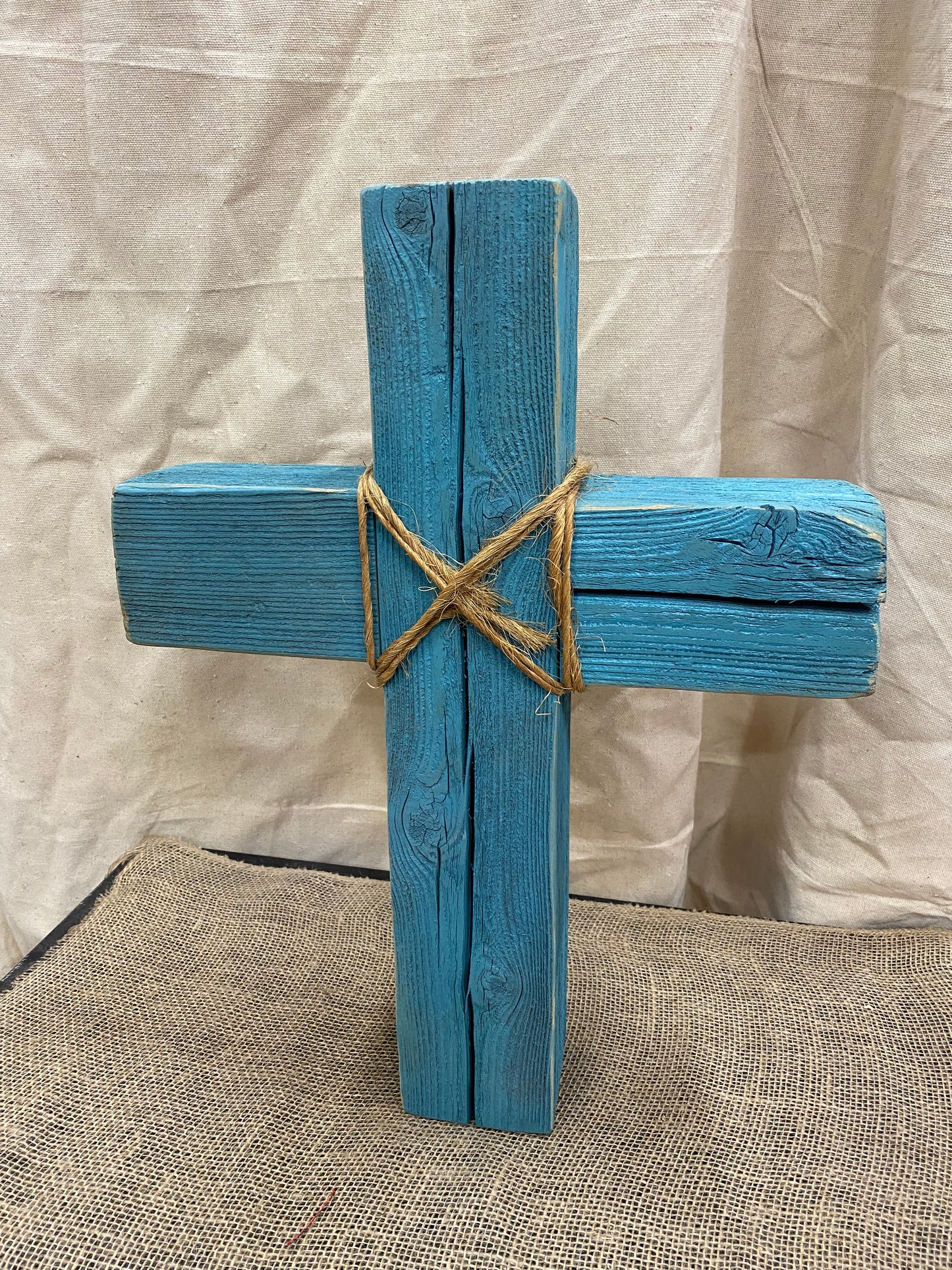 20” Rustic Vintage Teal and White Cross (Table, Floor, or Shelf)