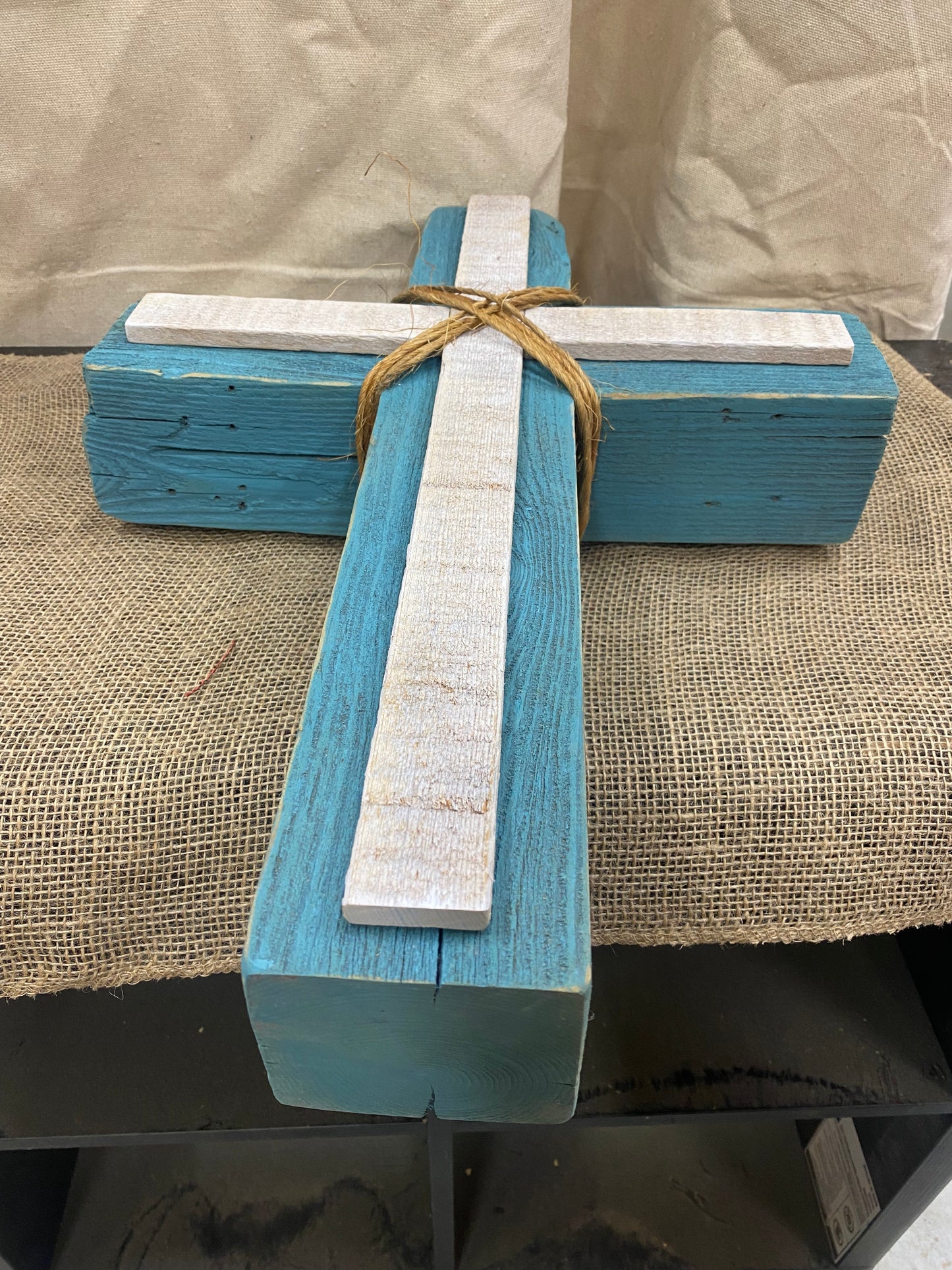 20” Rustic Vintage Teal and White Cross (Table, Floor, or Shelf)