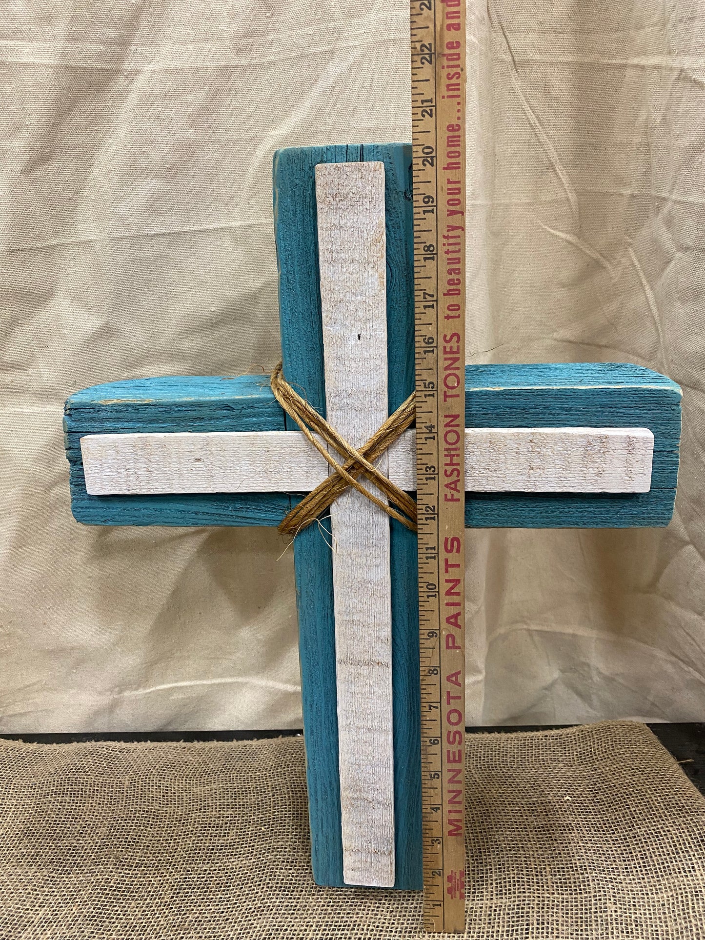 20” Rustic Vintage Teal and White Cross (Table, Floor, or Shelf)