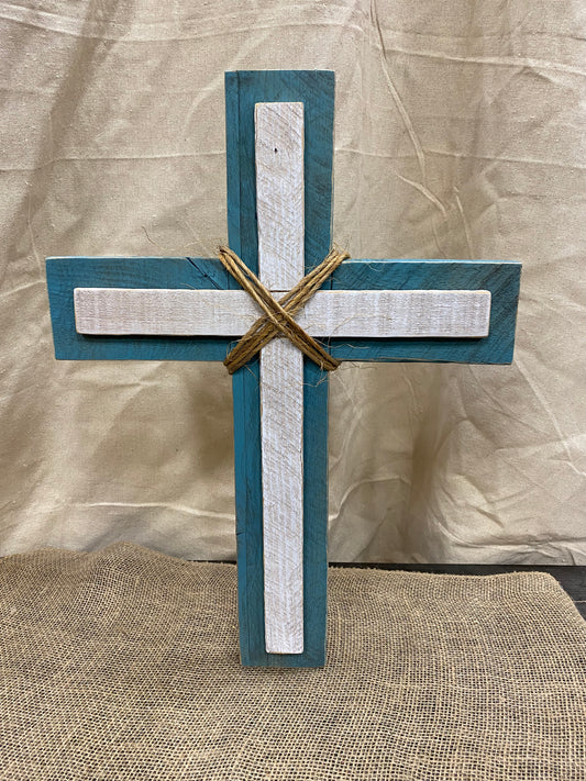 21” Oak Rustic Vintage Teal and White Cross (Wall)