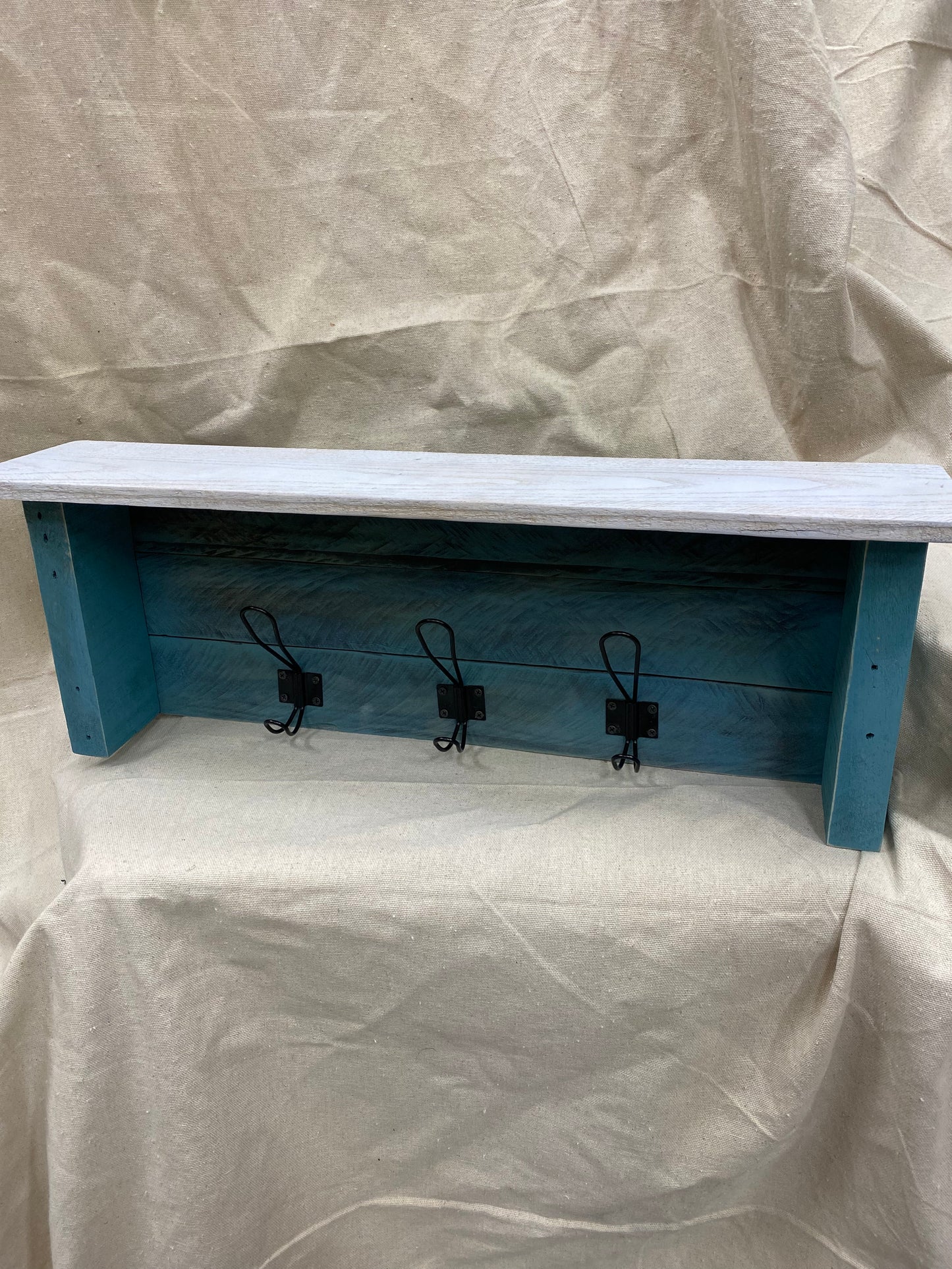 27” Oak Rustic Vintage Teal and White Farmhouse Coat Hanger/Shelf