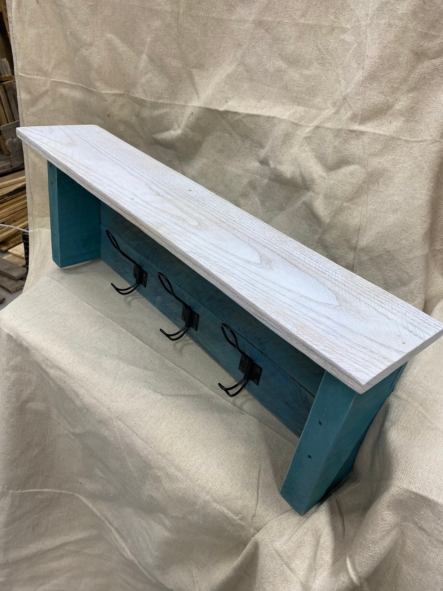 27” Oak Rustic Vintage Teal and White Farmhouse Coat Hanger/Shelf