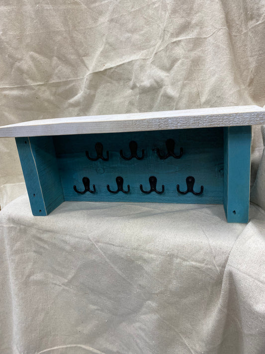 19” Rough Cedar Rustic Vintage Teal and White Farmhouse Jewelry Hanger/Shelf